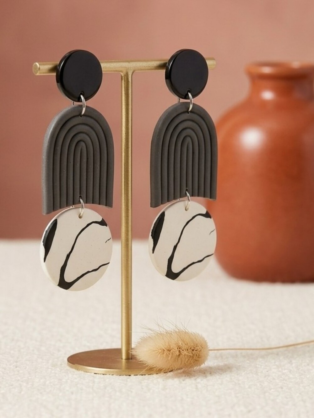Polymer Clay Arch Statement Drop Earrings Modern Boho Black White Sterling Posts - Picture 15 of 17